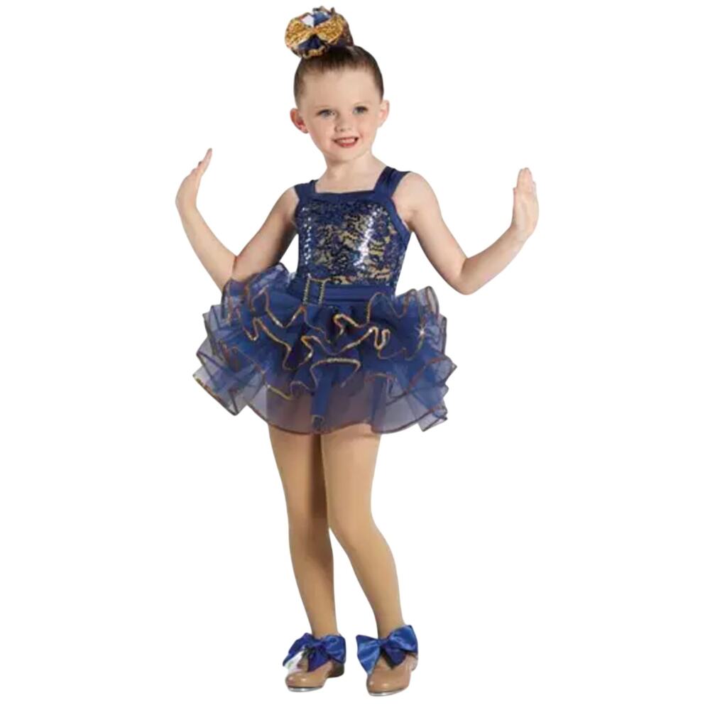 Sequin Tutu Dress Dance Costume Tap Recital Navy Blue and Gold Children XL 16/18